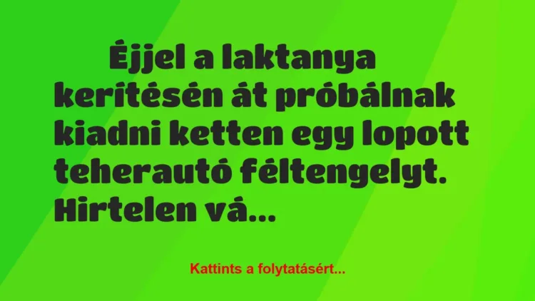Vicc:
Éjjel a laktanya kerítésén át próbálnak kiadni ketten egy… Vicc:
Éjjel a laktanya kerítésén át próbálnak kiadni ketten egy…
