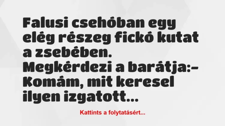 Vicc: Falusi csehóban egy elég részeg fickó kutat a zsebében. Megkérdezi a… Vicc: Falusi csehóban egy elég részeg fickó kutat a zsebében. Megkérdezi a…