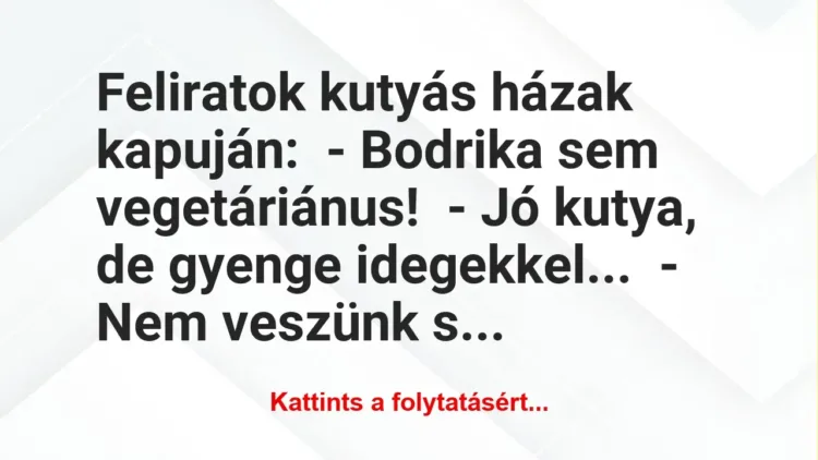 Vicc: Feliratok kutyás házak kapuján:
– Bodrika sem… Vicc: Feliratok kutyás házak kapuján:
– Bodrika sem…