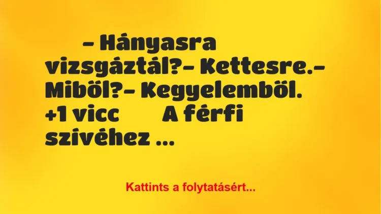 Vicc:
– Hányasra vizsgáztál?- Kettesre.-… Vicc:
– Hányasra vizsgáztál?- Kettesre.-…