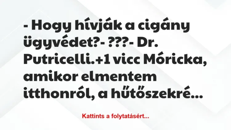 Vicc: – Hogy hívják a cigány ügyvédet?
– ???
– Dr. Putricelli. Vicc: – Hogy hívják a cigány ügyvédet?
– ???
– Dr. Putricelli.