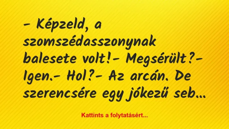 Vicc: – Képzeld, a szomszédasszonynak balesete volt!
-… Vicc: – Képzeld, a szomszédasszonynak balesete volt!
-…