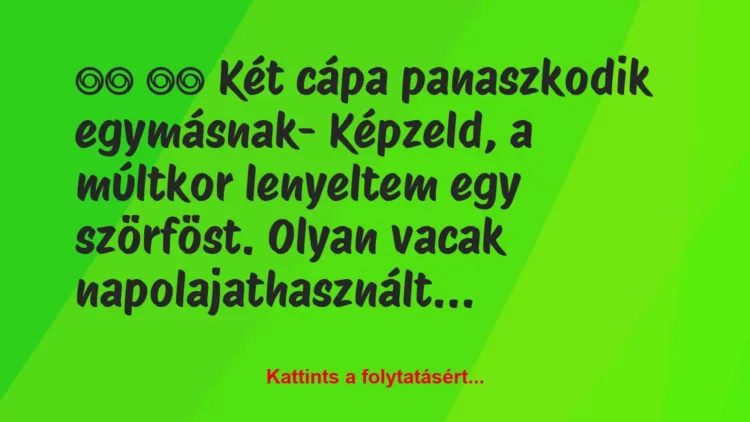 Vicc:
Két cápa panaszkodik egymásnak- Képzeld, a… Vicc:
Két cápa panaszkodik egymásnak- Képzeld, a…