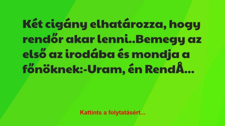 Vicc: Két cigány elhatározza, hogy rendőr akar lenni..
Bemegy az első a… Vicc: Két cigány elhatározza, hogy rendőr akar lenni..
Bemegy az első a…