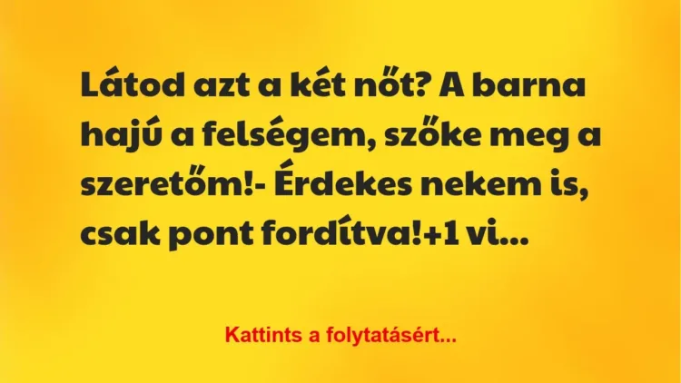Vicc: Látod azt a két nőt? A barna hajú a felségem, szőke meg a… Vicc: Látod azt a két nőt? A barna hajú a felségem, szőke meg a…