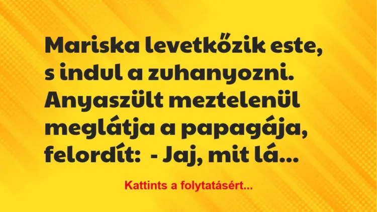 Vicc: Mariska levetkőzik este, s indul a zuhanyozni. Anyaszült meztelenül… Vicc: Mariska levetkőzik este, s indul a zuhanyozni. Anyaszült meztelenül…
