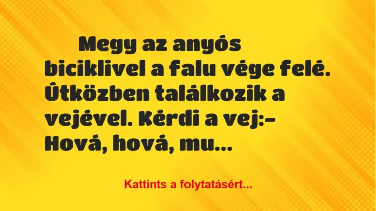 Vicc:
Megy az anyós biciklivel a falu vége felé…. Vicc:
Megy az anyós biciklivel a falu vége felé….
