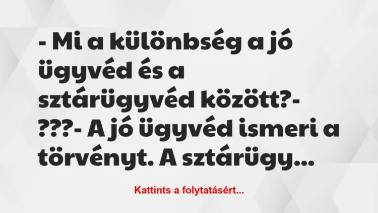 Vicc: – Mi a különbség a jó ügyvéd és a sztárügyvéd között?
-… Vicc: – Mi a különbség a jó ügyvéd és a sztárügyvéd között?
-…