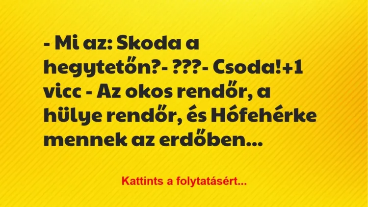 Vicc: – Mi az: Skoda a hegytetőn?
– ???
– Csoda! Vicc: – Mi az: Skoda a hegytetőn?
– ???
– Csoda!