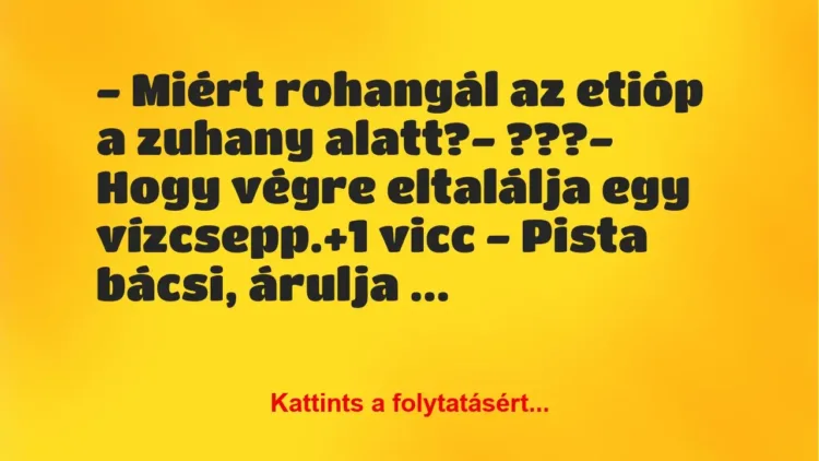 Vicc: – Miért rohangál az etióp a zuhany alatt?
– ???
– Hogy végre… Vicc: – Miért rohangál az etióp a zuhany alatt?
– ???
– Hogy végre…