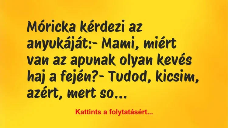 Vicc: Móricka kérdezi az anyukáját:
– Mami, miért van az apunak olyan… Vicc: Móricka kérdezi az anyukáját:
– Mami, miért van az apunak olyan…