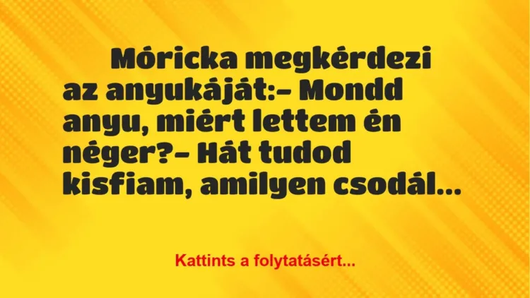 Vicc:
Móricka megkérdezi az anyukáját:- Mondd anyu,… Vicc:
Móricka megkérdezi az anyukáját:- Mondd anyu,…