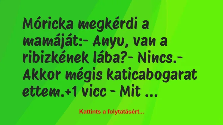 Vicc: Móricka megkérdi a mamáját:
– Anyu, van a ribizkének lába?
-… Vicc: Móricka megkérdi a mamáját:
– Anyu, van a ribizkének lába?
-…