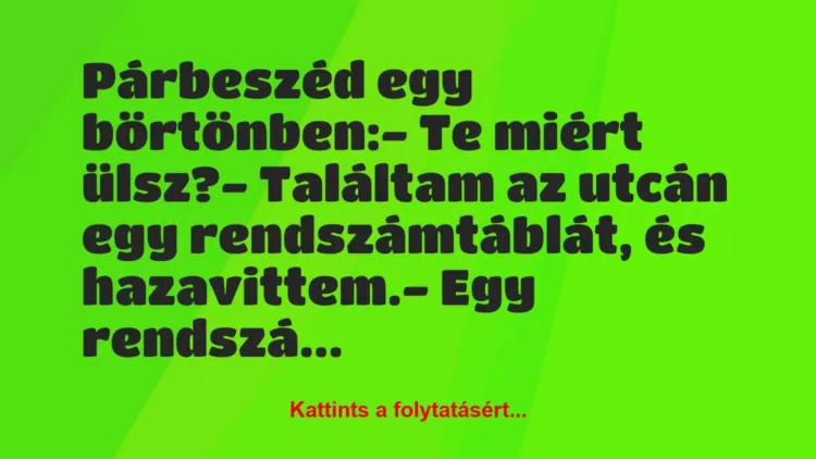 Vicc: Párbeszéd egy börtönben:
– Te miért ülsz?
– Találtam az… Vicc: Párbeszéd egy börtönben:
– Te miért ülsz?
– Találtam az…