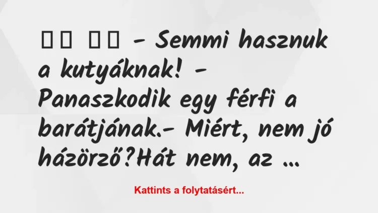 Vicc:
– Semmi hasznuk a kutyáknak! – Panaszkodik egy… Vicc:
– Semmi hasznuk a kutyáknak! – Panaszkodik egy…