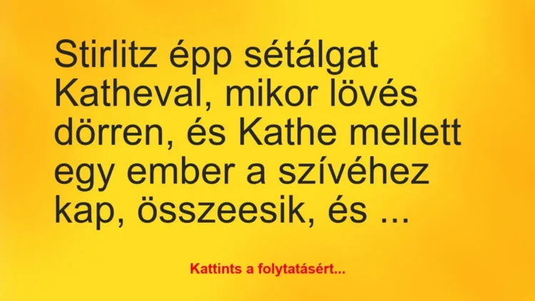 Vicc: Stirlitz épp sétálgat Katheval, mikor lövés dörren, és Kathe mellett… Vicc: Stirlitz épp sétálgat Katheval, mikor lövés dörren, és Kathe mellett…