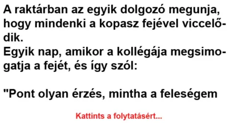 Vicc: A raktárban az egyik dolgozó megunja, hogy mindenki a kopasz fejével…