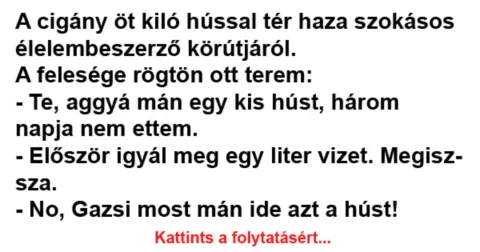 Vicc: A cigány öt kiló hússal tér haza szokásos élelembeszerző körútjáról