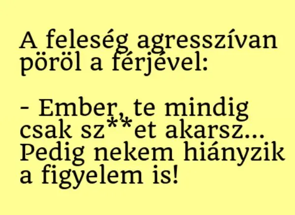 Vicc: A feleség agresszívan pöröl a férjével - Vicc: A feleség agresszívan pöröl a férjével –