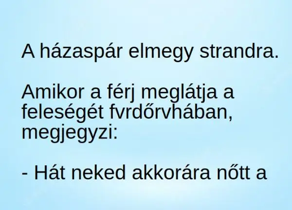 Vicc: A férj meglátja a feleségét fürdőruhában, és megjegyzi Vicc: A férj meglátja a feleségét fürdőruhában, és megjegyzi