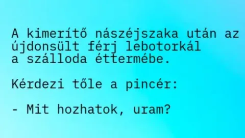 Vicc: A kimerítő nászéjszaka után az újdonsült férj lebotorkál a... Vicc: A kimerítő nászéjszaka után az újdonsült férj lebotorkál a…