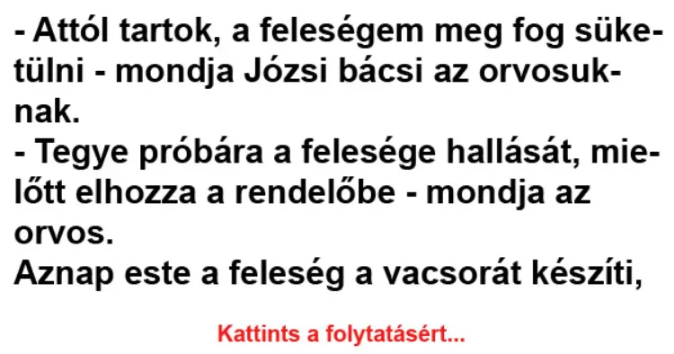 Vicc: Attól tartok, a feleségem meg fog süketülni Vicc: Attól tartok, a feleségem meg fog süketülni