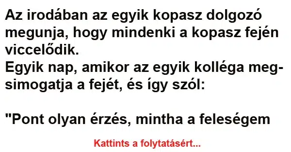 Vicc: Az irodában az egyik kopasz dolgozó megunja, hogy mindenki Vicc: Az irodában az egyik kopasz dolgozó megunja, hogy mindenki a…