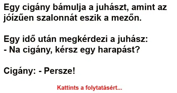 Vicc: Egy cigány bámulja a juhászt, amint az jóízűen szalonnát Vicc: Egy cigány bámulja a juhászt, amint az jóízűen szalonnát eszik a…