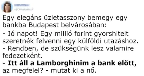 Vicc: Egy elegáns üzletasszony bemegy egy bankba Vicc: Egy elegáns üzletasszony bemegy egy bankba