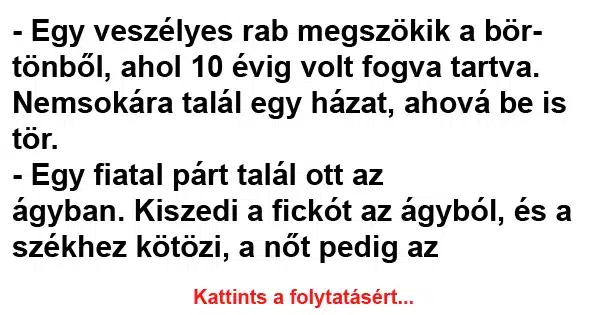 Vicc: Egy veszélyes rab megszökik a börtönből, ahol 10 évig Vicc: Egy veszélyes rab megszökik a börtönből, ahol 10 évig volt fogva…
