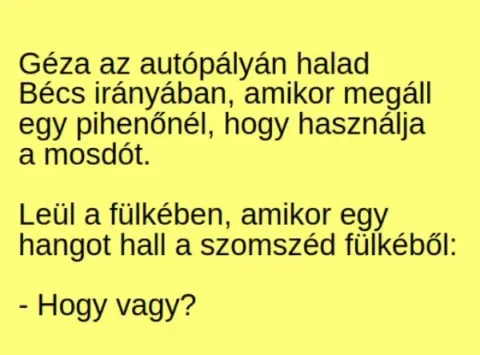 Vicc: Géza egy autópálya pihenőjében hangot hall a szomszéd fülkéből: Vicc: Géza egy autópálya pihenőjében hangot hall a szomszéd fülkéből: