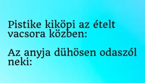Vicc: Pistike kiköpi az ételt vacsora közben. Az anyja dühösen Vicc: Pistike kiköpi az ételt vacsora közben. Az anyja dühösen odaszól…