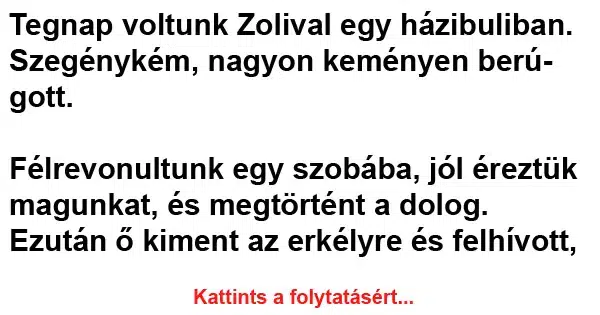 Vicc: Tegnap voltunk Zolival egy házibuliban Vicc: Tegnap voltunk Zolival egy házibuliban