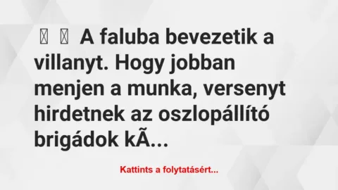Vicc: 
	    	    A faluba bevezetik a villanyt. Hogy jobban menjen a munka, …