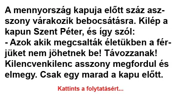 Vicc: A mennyország kapuja előtt száz asszony várakozik bebocsátásra…. Vicc: A mennyország kapuja előtt száz asszony várakozik bebocsátásra….