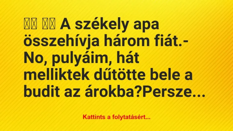 Vicc:
A székely apa összehívja három fiát.- No,… Vicc:
A székely apa összehívja három fiát.- No,…