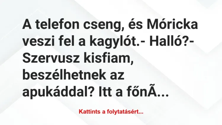 Vicc: A telefon cseng, és Móricka veszi fel a kagylót.
– Halló?
-… Vicc: A telefon cseng, és Móricka veszi fel a kagylót.
– Halló?
-…