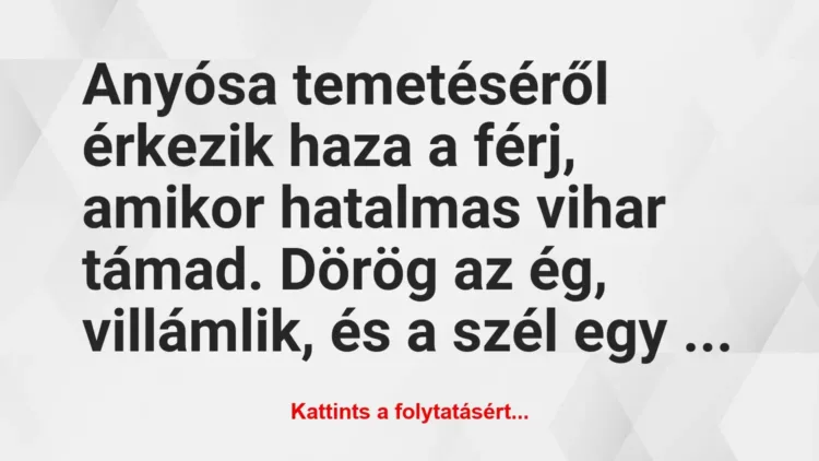 Vicc: Anyósa temetéséről érkezik haza a férj, amikor hatalmas vihar támad…. Vicc: Anyósa temetéséről érkezik haza a férj, amikor hatalmas vihar támad….