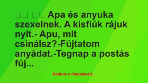 Vicc: 
		  
		  Apa és anyuka szexelnek. A kisfiúk rájuk nyit.