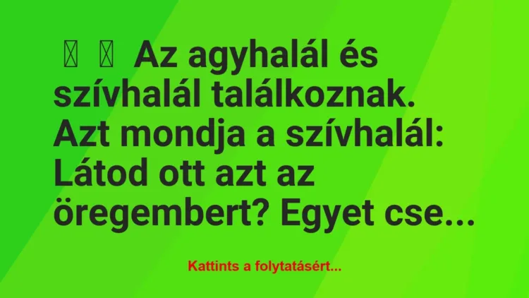 Vicc:
Az agyhalál és szívhalál találkoznak. Azt mondja a… Vicc:
Az agyhalál és szívhalál találkoznak. Azt mondja a…