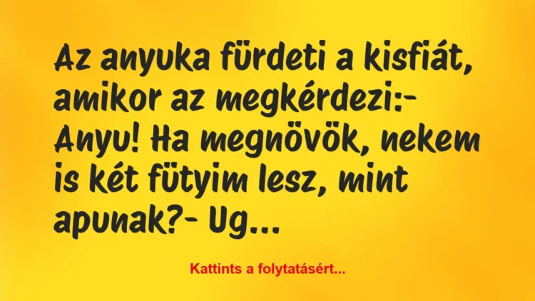 Vicc: Az anyuka fürdeti a kisfiát, amikor az megkérdezi:
– Anyu! Ha… Vicc: Az anyuka fürdeti a kisfiát, amikor az megkérdezi:
– Anyu! Ha…