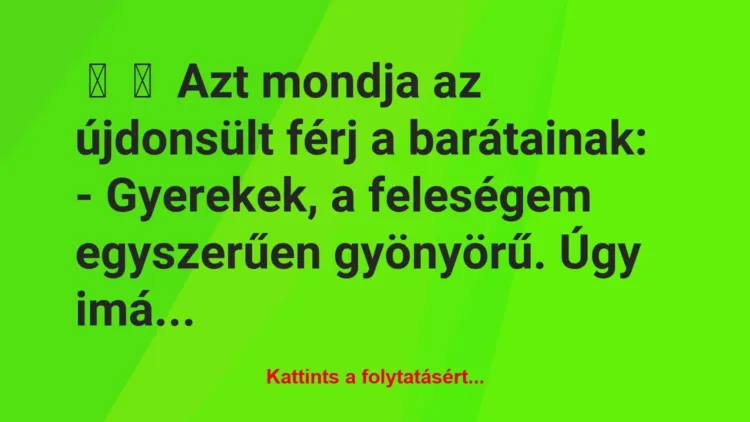 Vicc:
Azt mondja az újdonsült férj a barátainak:
-… Vicc:
Azt mondja az újdonsült férj a barátainak:
-…