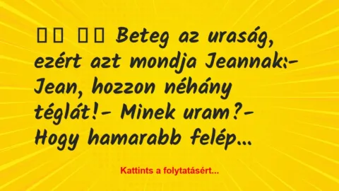 Vicc: 
		  
		  Beteg az uraság, ezért azt mondja Jeannak:-…