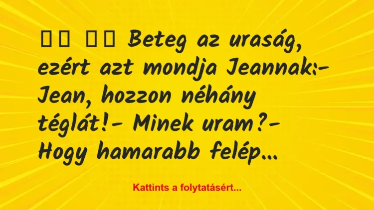 Vicc:
Beteg az uraság, ezért azt mondja Jeannak:-… Vicc:
Beteg az uraság, ezért azt mondja Jeannak:-…