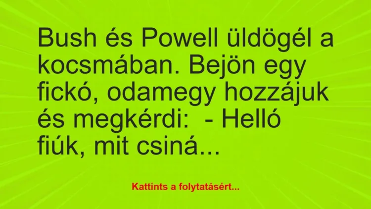 Vicc: Bush és Powell üldögél a kocsmában. Bejön egy fickó, odamegy hozzájuk… Vicc: Bush és Powell üldögél a kocsmában. Bejön egy fickó, odamegy hozzájuk…