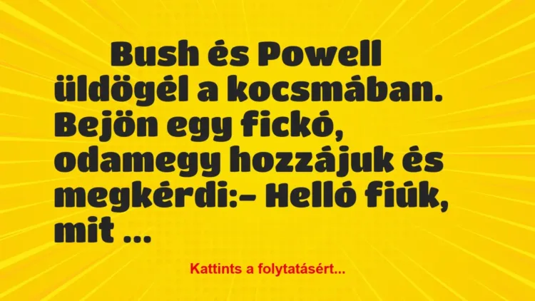 Vicc:
Bush és Powell üldögél a kocsmában. Bejön egy… Vicc:
Bush és Powell üldögél a kocsmában. Bejön egy…
