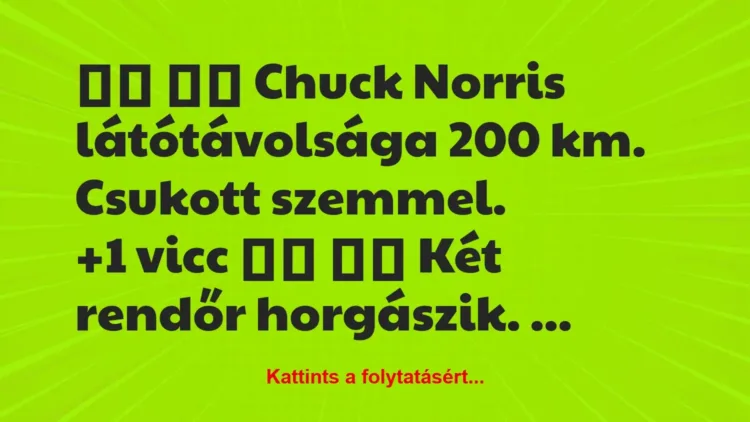 Vicc:
Chuck Norris látótávolsága 200 km. Csukott… Vicc:
Chuck Norris látótávolsága 200 km. Csukott…