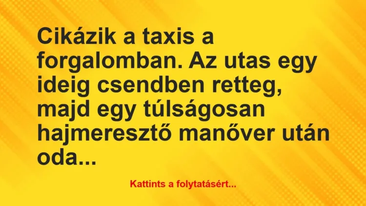 Vicc: Cikázik a taxis a forgalomban. Az utas egy ideig csendben retteg, majd… Vicc: Cikázik a taxis a forgalomban. Az utas egy ideig csendben retteg, majd…