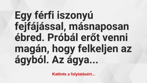 Vicc: Egy férfi iszonyú fejfájással, másnaposan ébred. Próbál erőt venni…