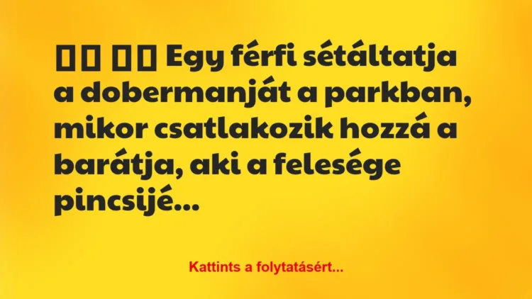 Vicc:
Egy férfi sétáltatja a dobermanját a parkban,… Vicc:
Egy férfi sétáltatja a dobermanját a parkban,…